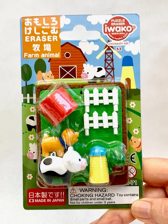 383221 IWAKO FARM ANIMALS ERASER CARD-SINGLE