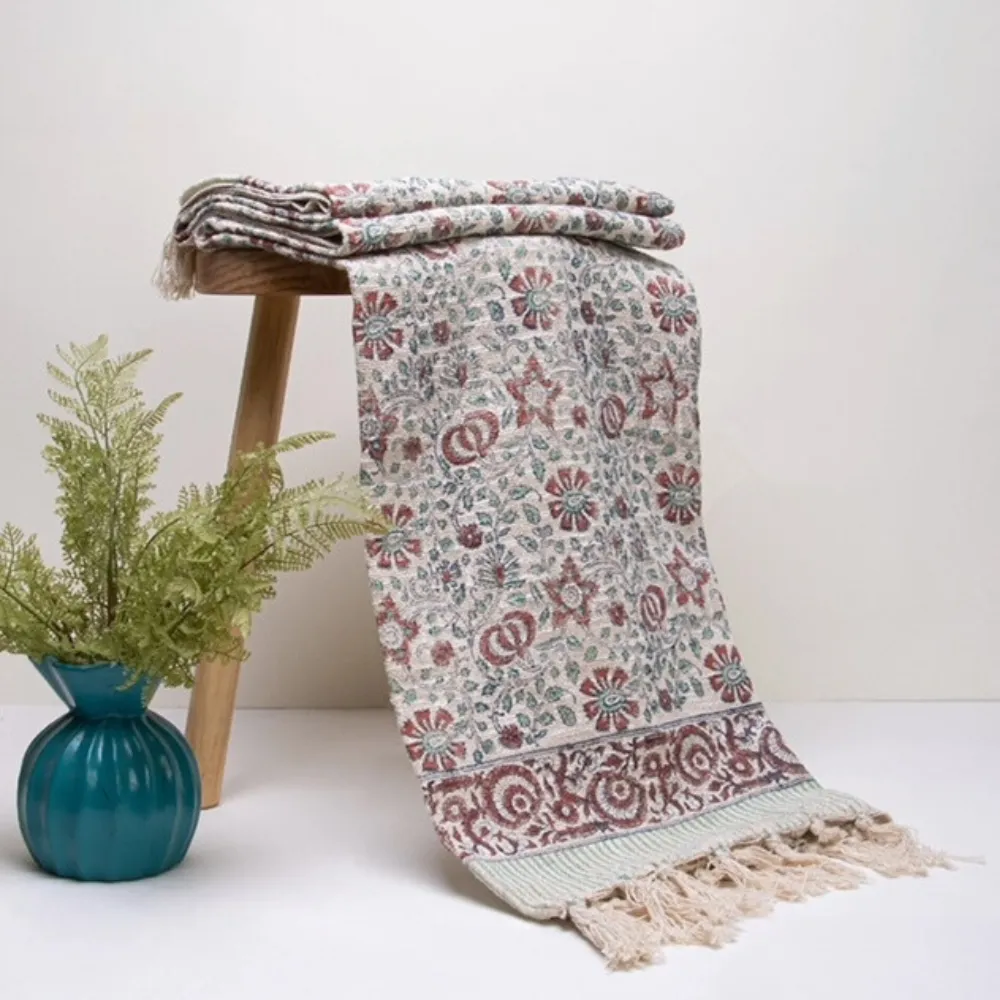 Bohemian Burgundy Floral Block Printed Cotton Bedding Throw Blanket