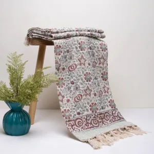 Bohemian Burgundy Floral Block Printed Cotton Bedding Throw Blanket