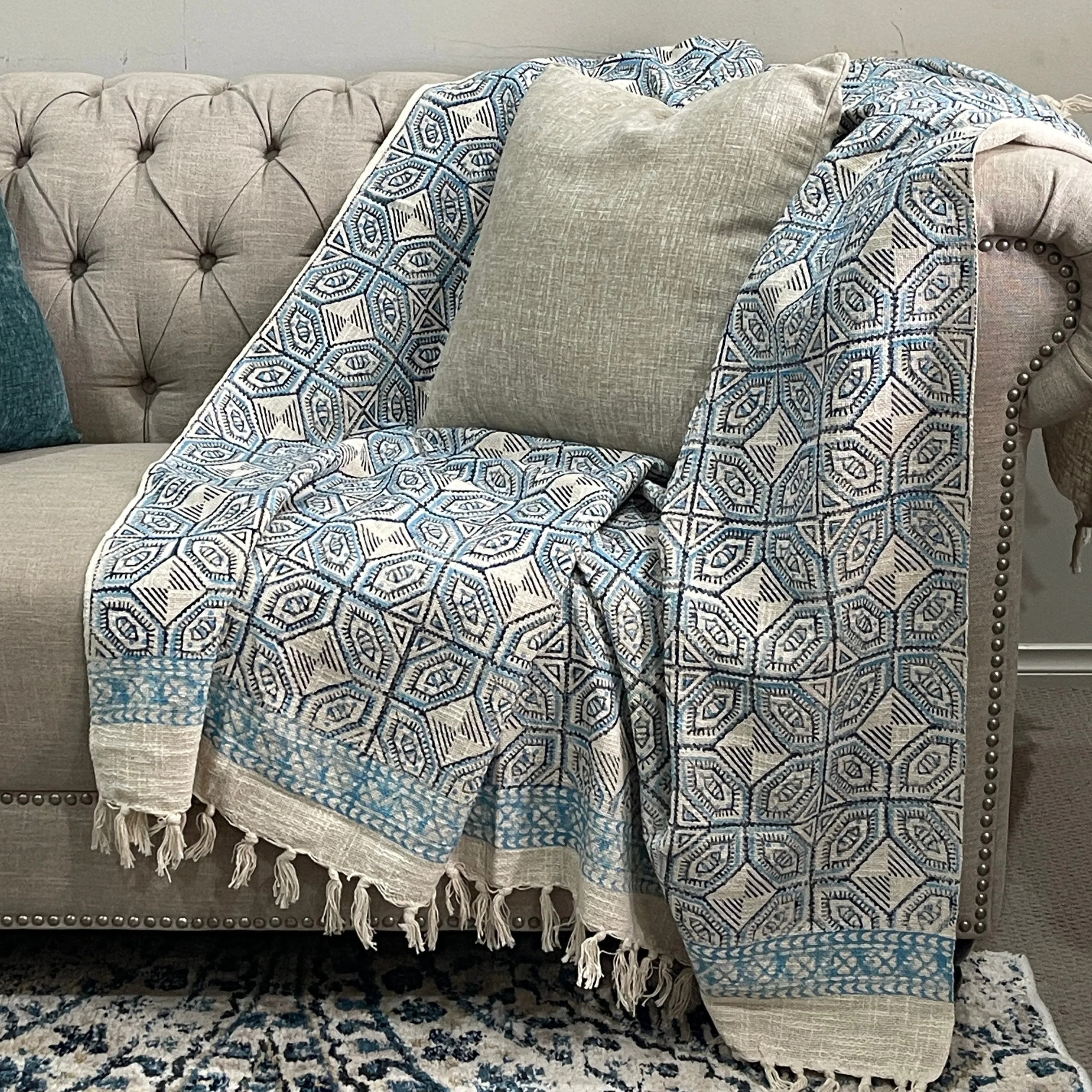 Bohemian Cotton Blue Geometrical Block Printed Cotton Throw Blanket