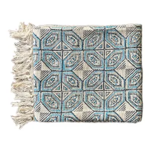 Bohemian Cotton Blue Geometrical Block Printed Cotton Throw Blanket