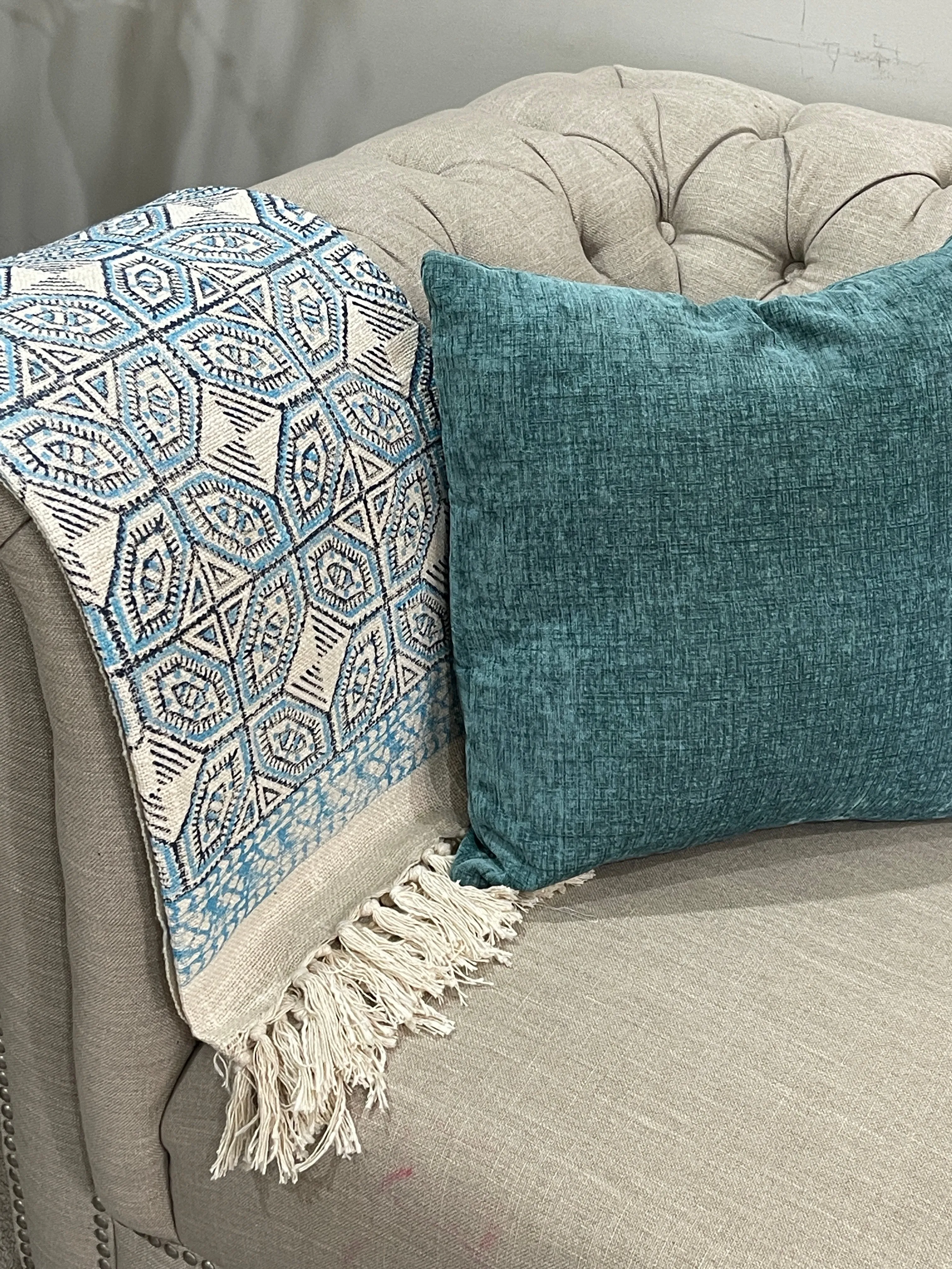 Bohemian Cotton Blue Geometrical Block Printed Cotton Throw Blanket