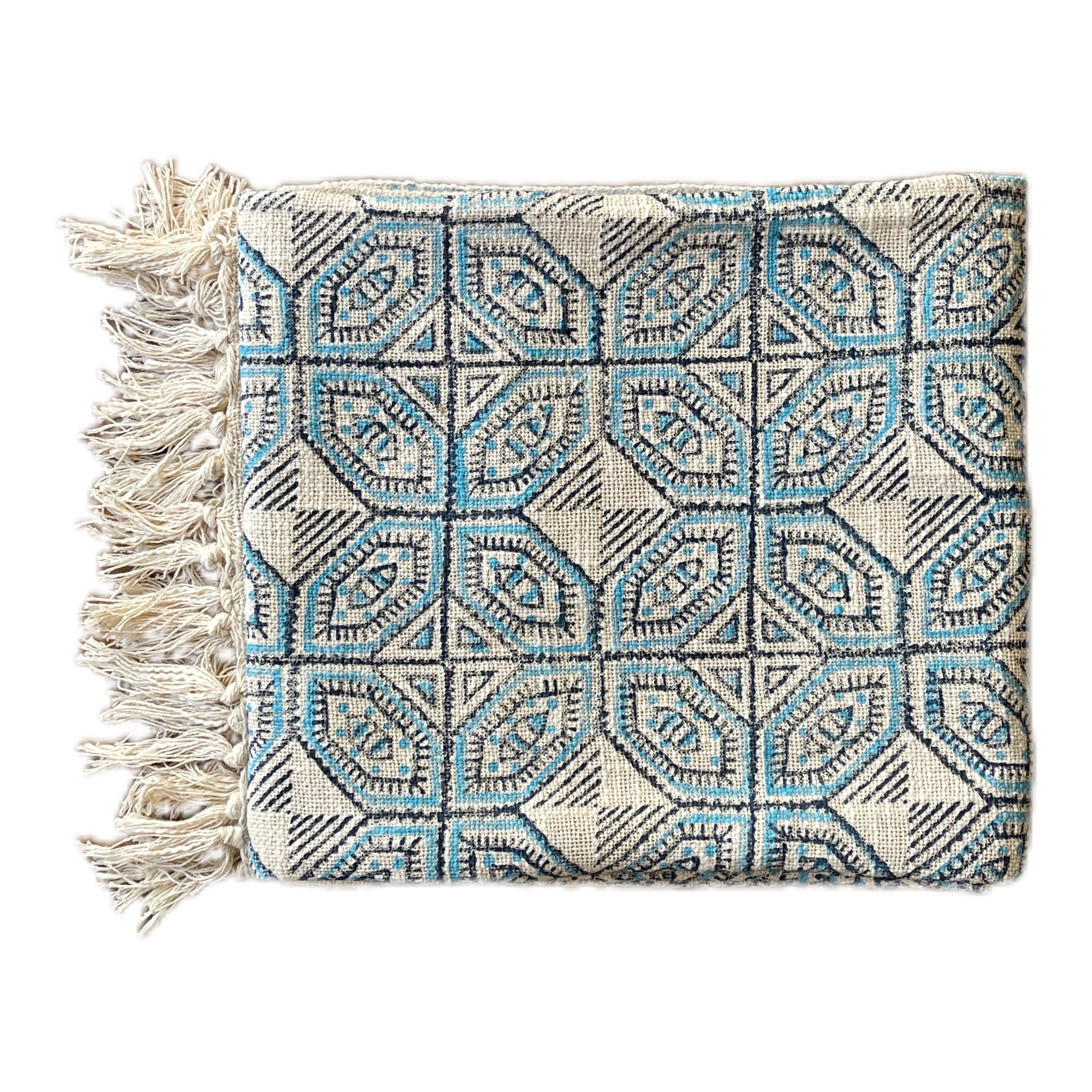 Bohemian Cotton Blue Geometrical Block Printed Cotton Throw Blanket