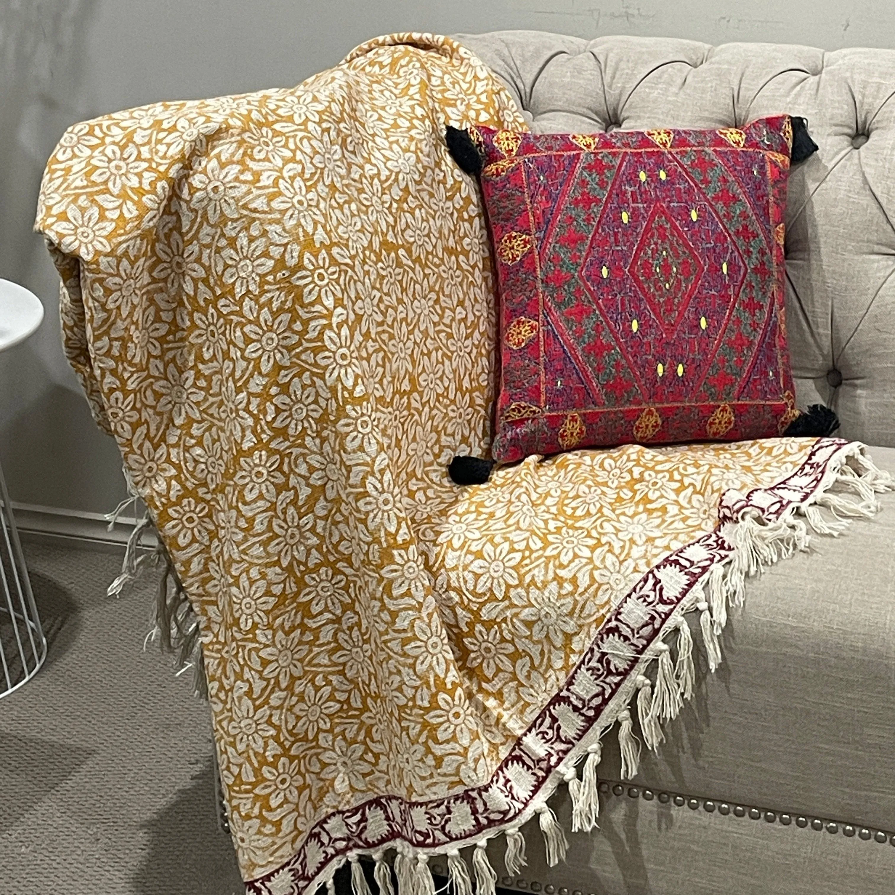 Bohemian Flower Hand Block Printed Cotton Bedding Throw Blanket