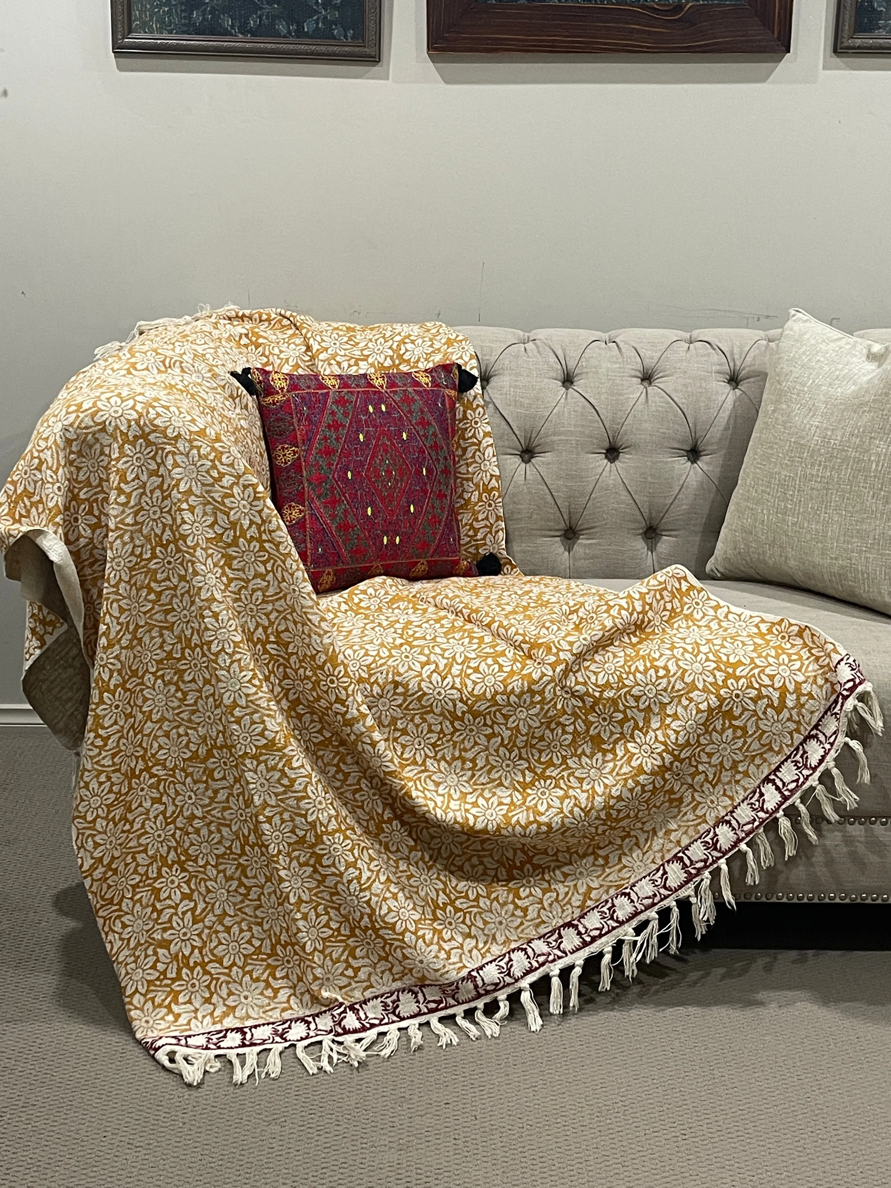 Bohemian Flower Hand Block Printed Cotton Bedding Throw Blanket