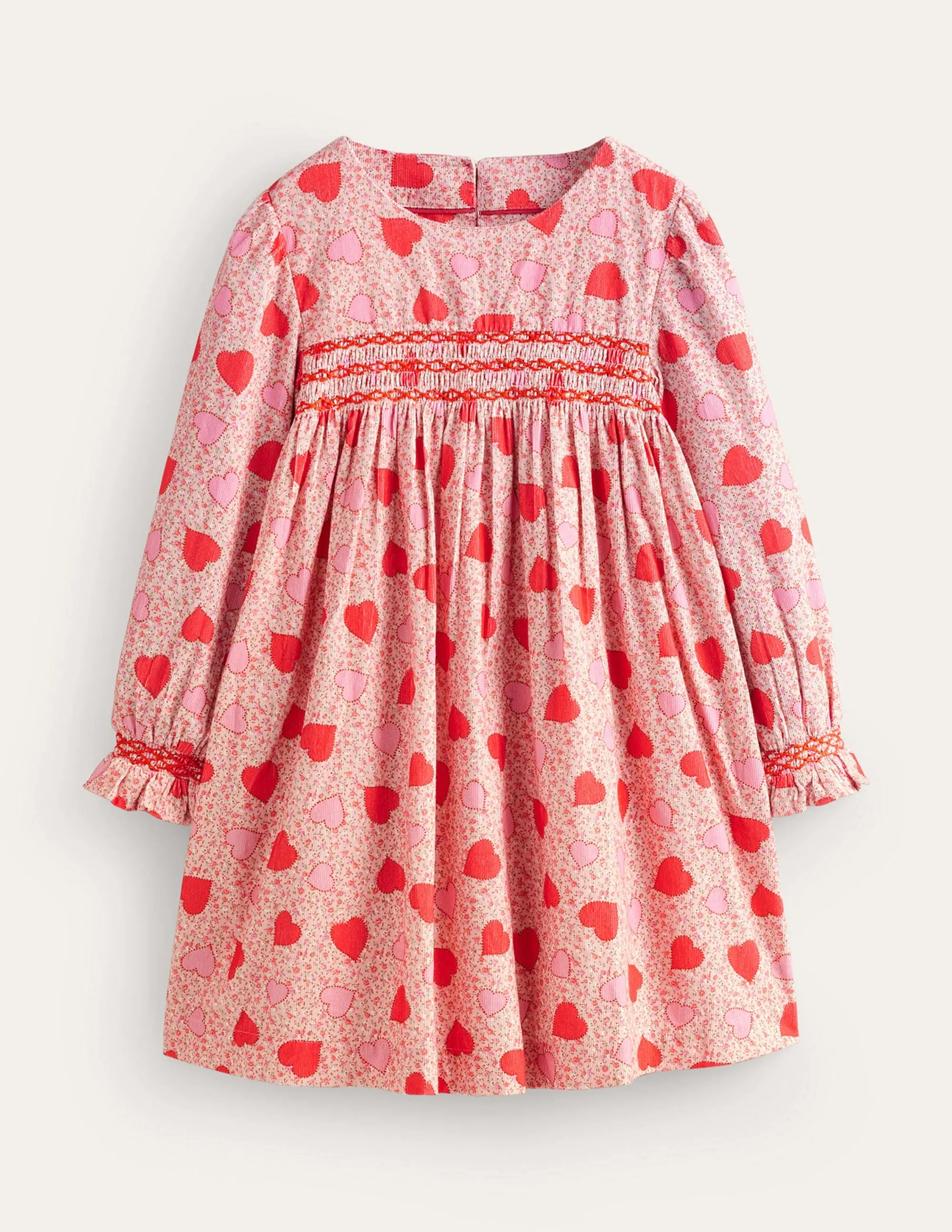 Cord Smocked Dress-Ballet Pink Heart Floral