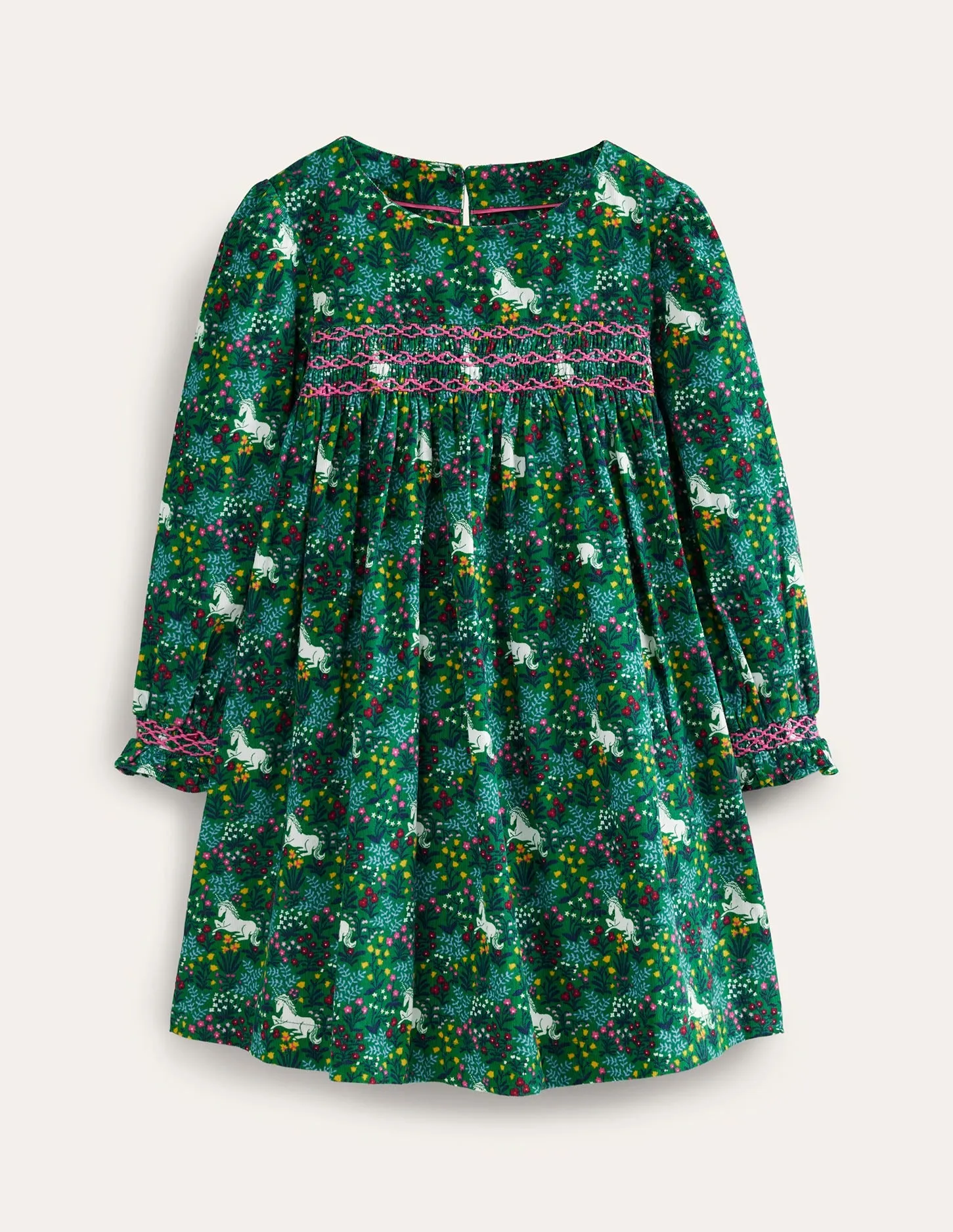 Cord Smocked Dress-Deep Green Unicorn Meadow