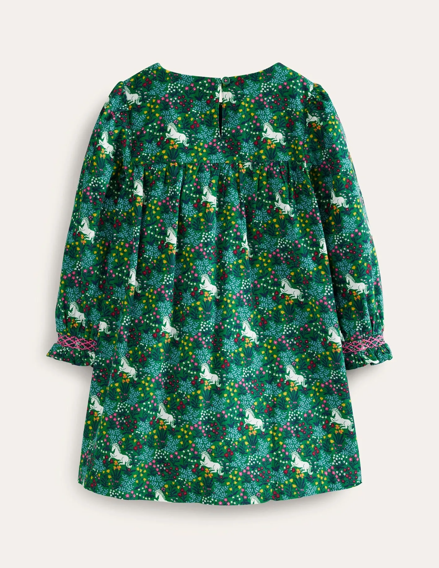Cord Smocked Dress-Deep Green Unicorn Meadow