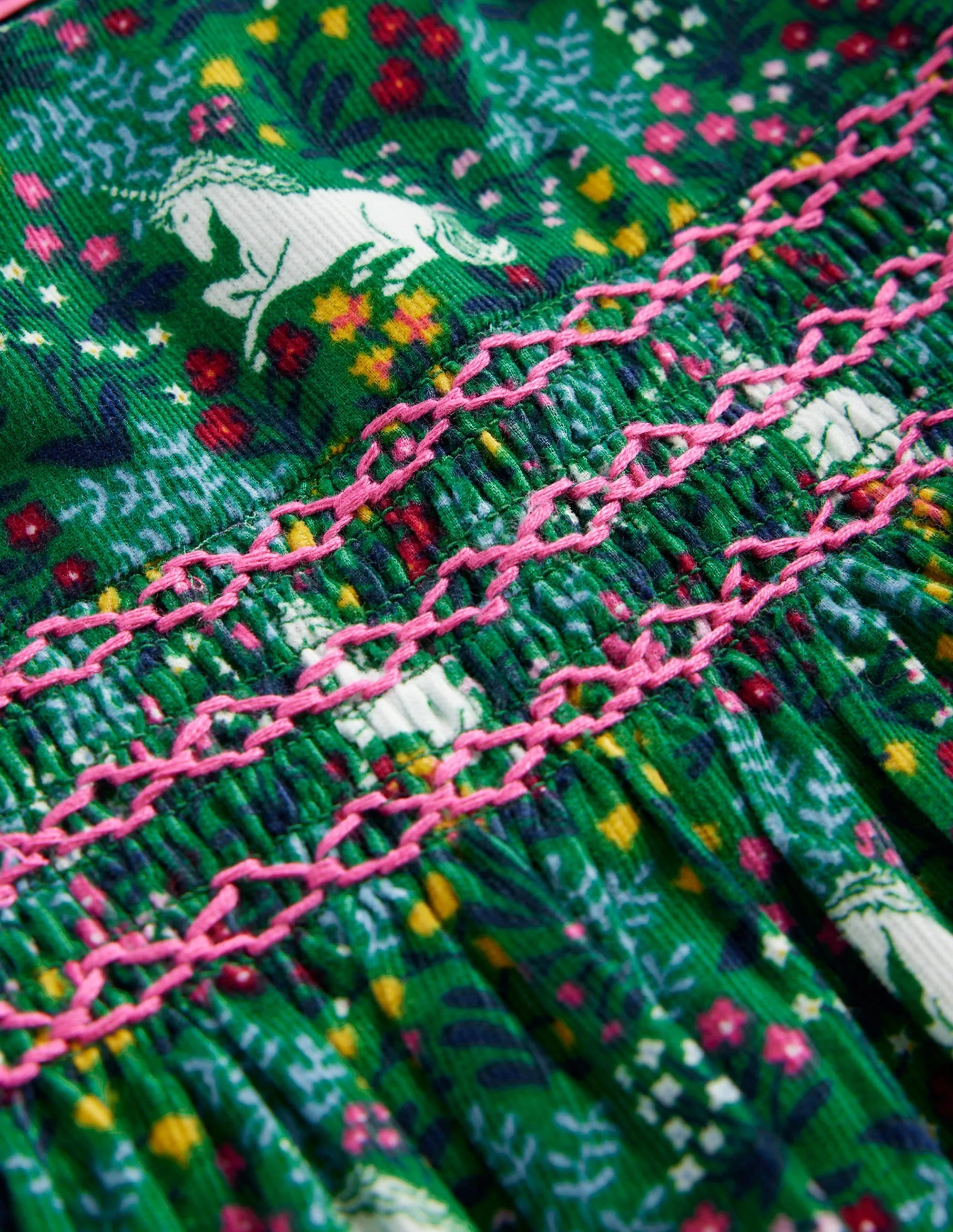 Cord Smocked Dress-Deep Green Unicorn Meadow