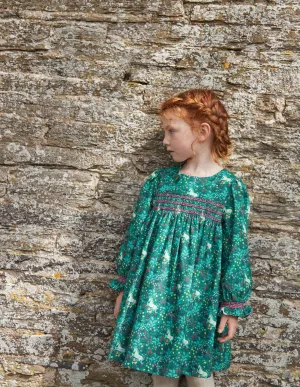 Cord Smocked Dress-Deep Green Unicorn Meadow
