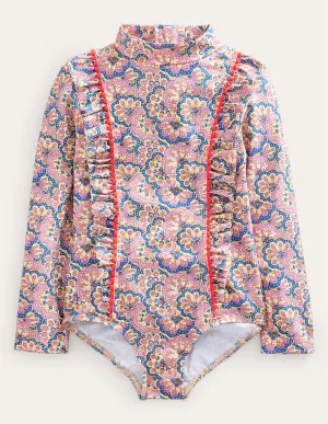 Long Sleeve Trim Swimsuit-Lupin and Peach Sorbet Paisley