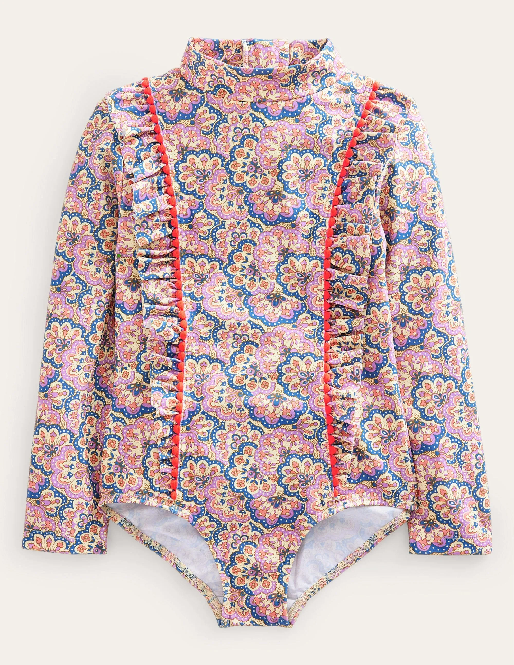 Long Sleeve Trim Swimsuit-Lupin and Peach Sorbet Paisley