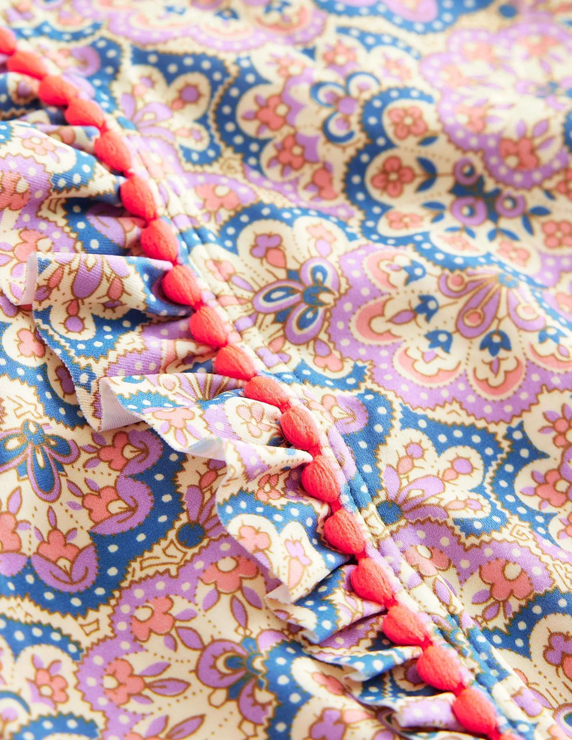 Long Sleeve Trim Swimsuit-Lupin and Peach Sorbet Paisley