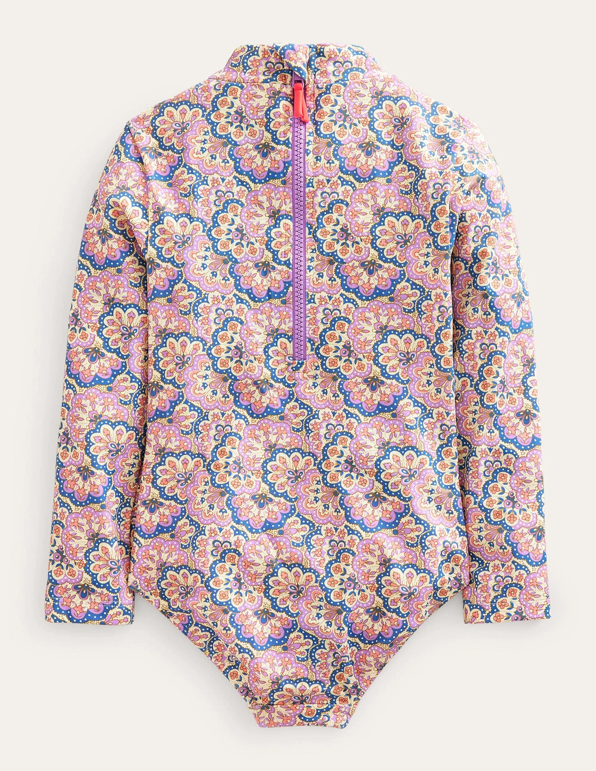 Long Sleeve Trim Swimsuit-Lupin and Peach Sorbet Paisley